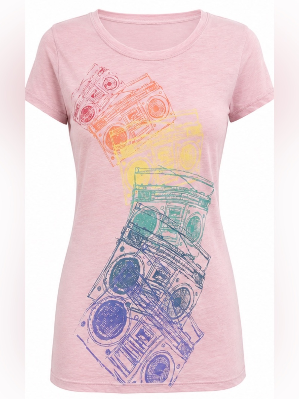 FRZ Y2K T Shirt Medium Rainbow Radio Graphic Fitted Cap Sleeve Cotton Long Line